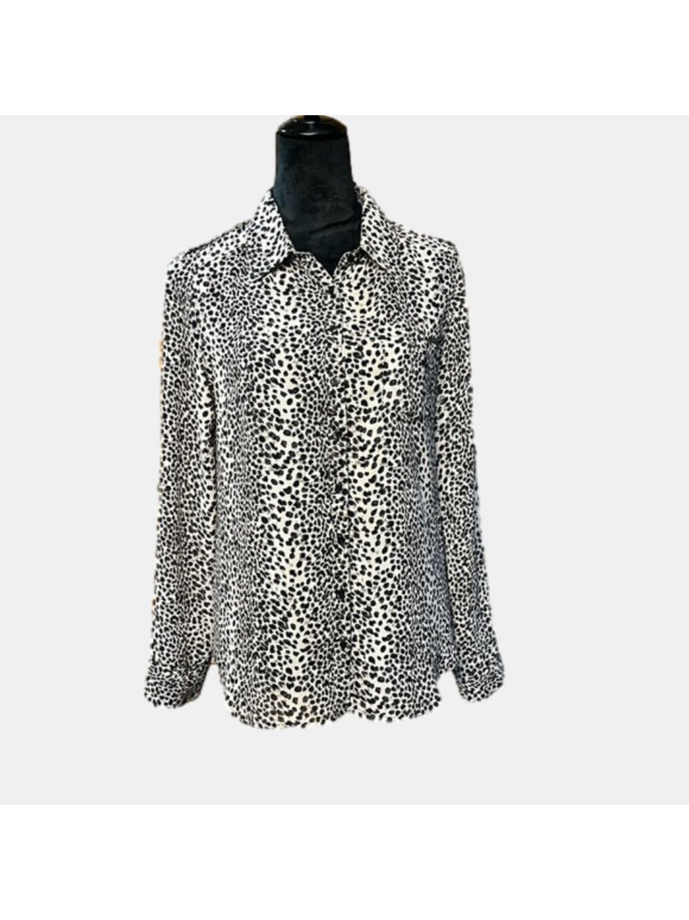 Guess Los Angelos Sheer Long Sleeve Grey & Black Leopard Print Blouse sz M EUC